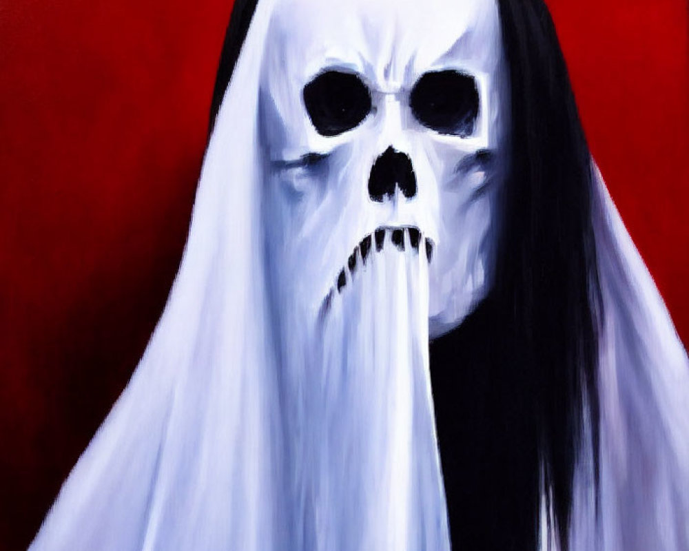 Spectral figure with skull-like face on red background