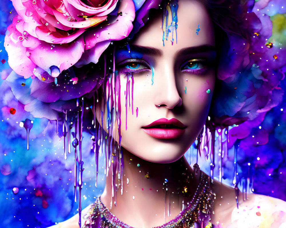 Colorful digital artwork: Woman's face with blue makeup, surrounded by flowers on blue-purple background