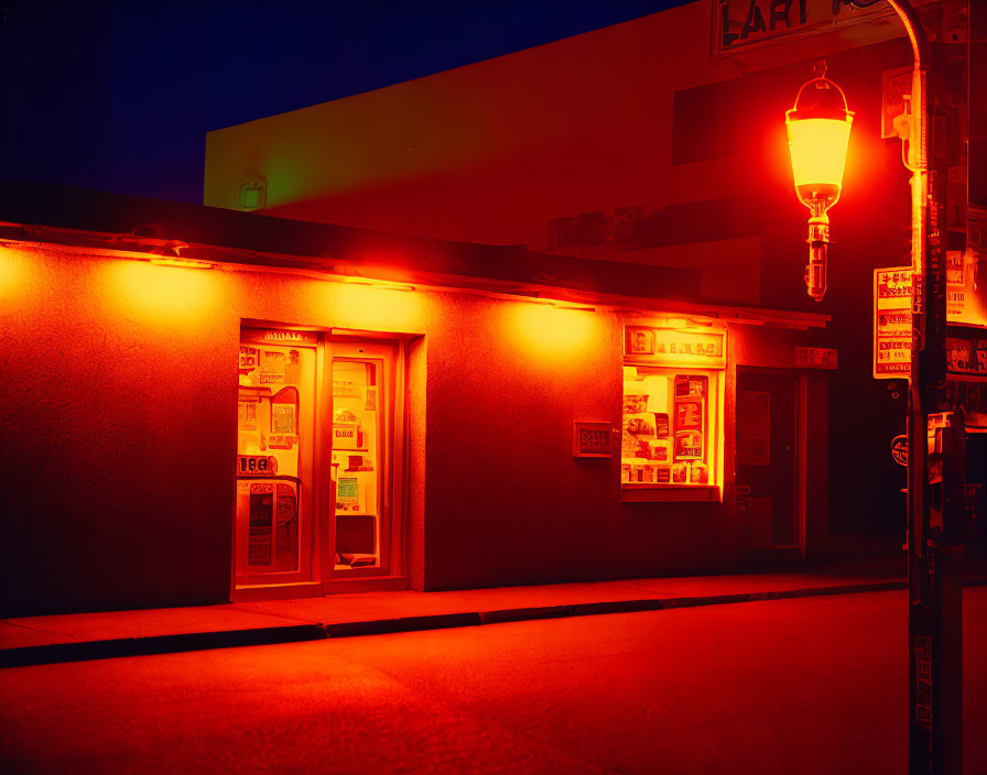 Night Street Scene with Glowing Red Neon Light and Closed Shop Front