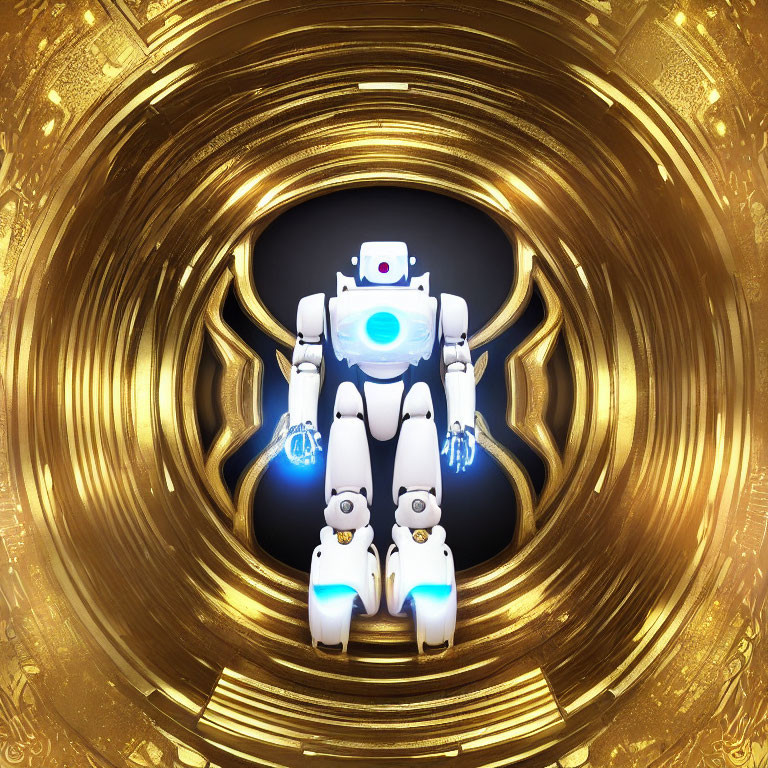 Futuristic robot with blue accents in golden circular tunnel