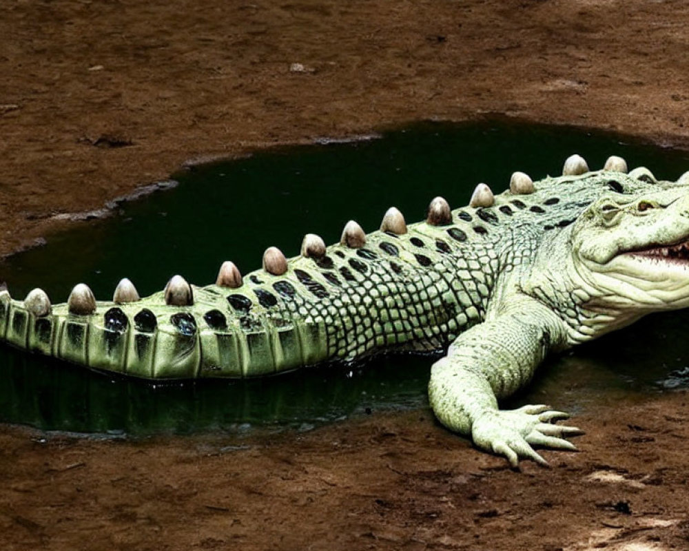 Rare Albino Alligator Resting by Water Body