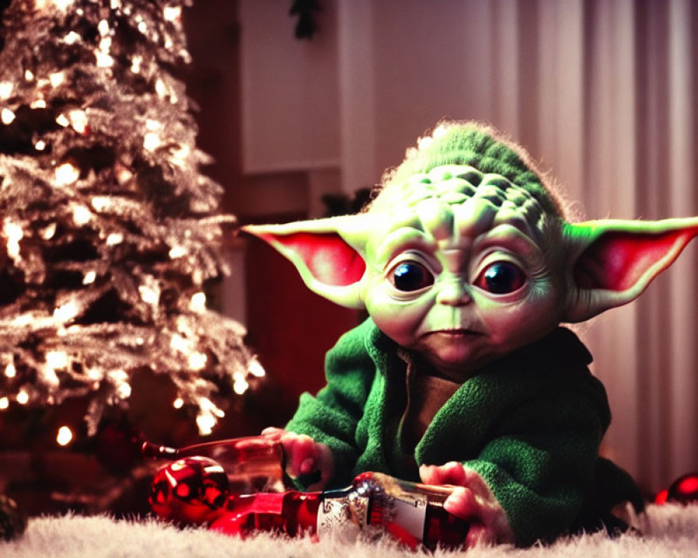 Green-clothed figure by Christmas tree with red ornament