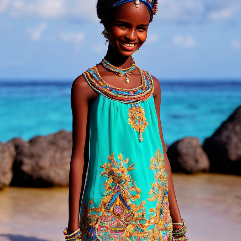 Smiling girl in turquoise and gold dress by beach under clear blue sky