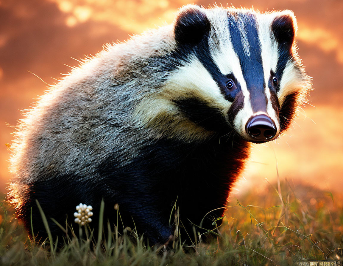 Black and white badger in field under warm sunlight