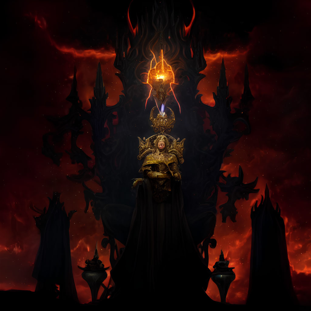 Regal figure in golden armor on dark throne with ominous red skies.