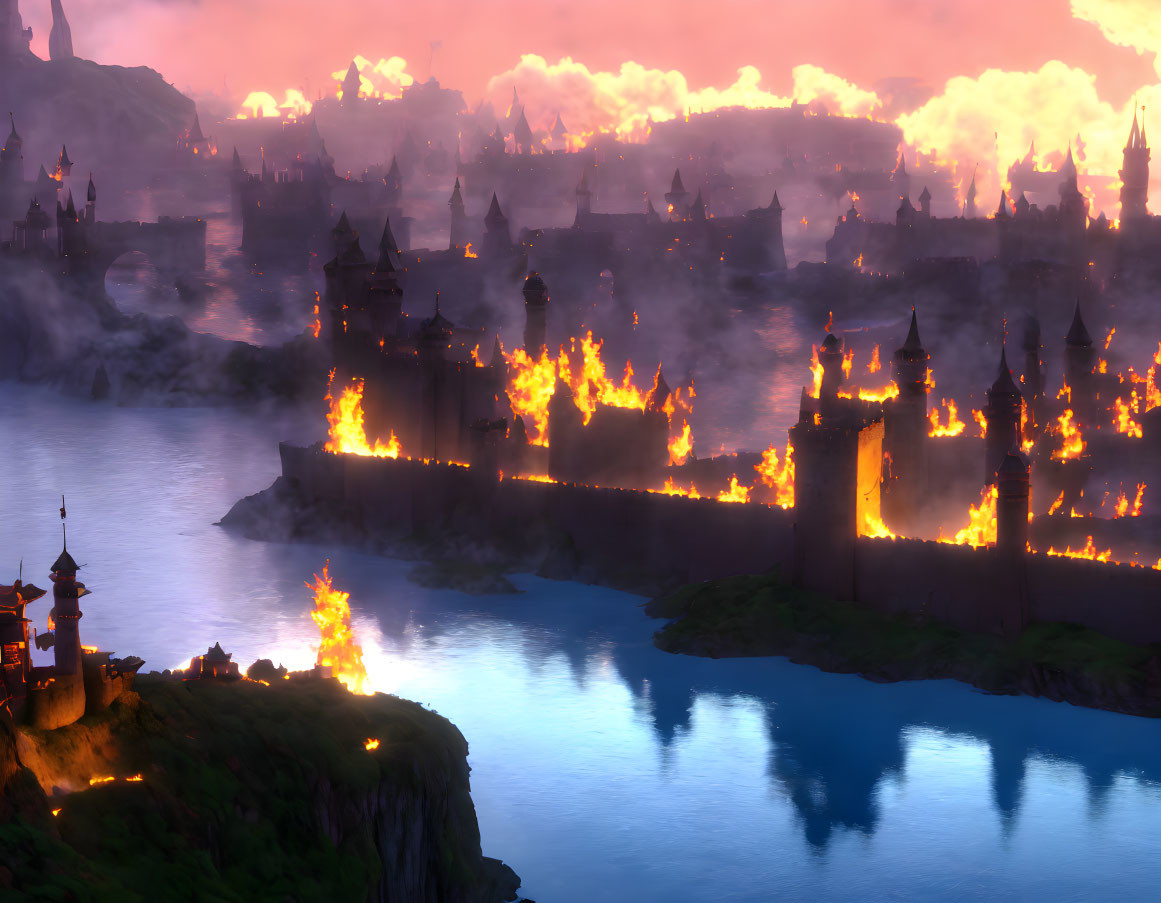 Fantasy landscape of burning city with fires amidst medieval buildings