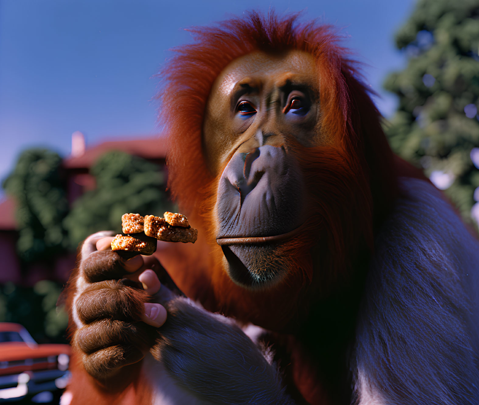 Striking Red Orangutan Examining Food Twig in Forest Setting