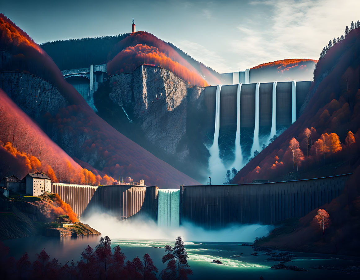 Majestic dam with open spillways in autumn forest scenery