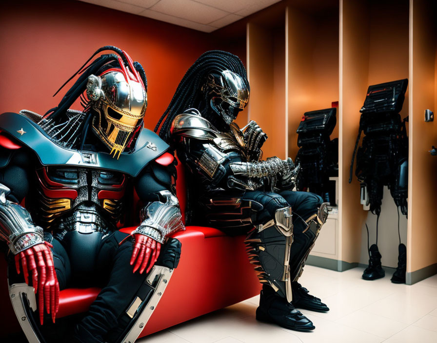 Elaborate Predator Costumes on Red Couch with Displayed Costumes