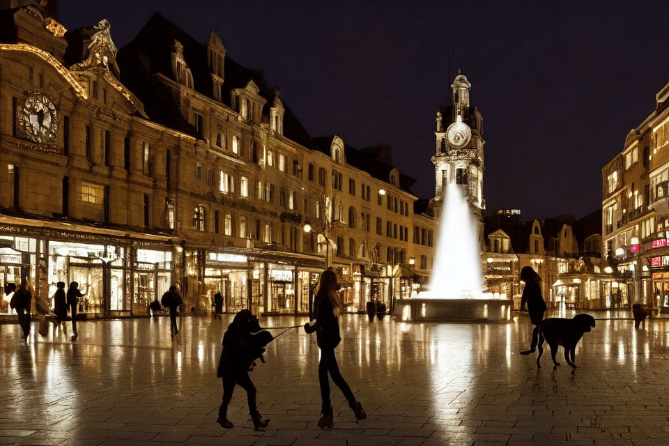 Cityscape with pedestrian activity, dog, lit buildings, and central fountain at dusk