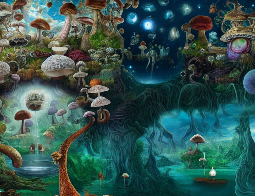 Surreal fantasy landscape with glowing mushrooms and ethereal creatures