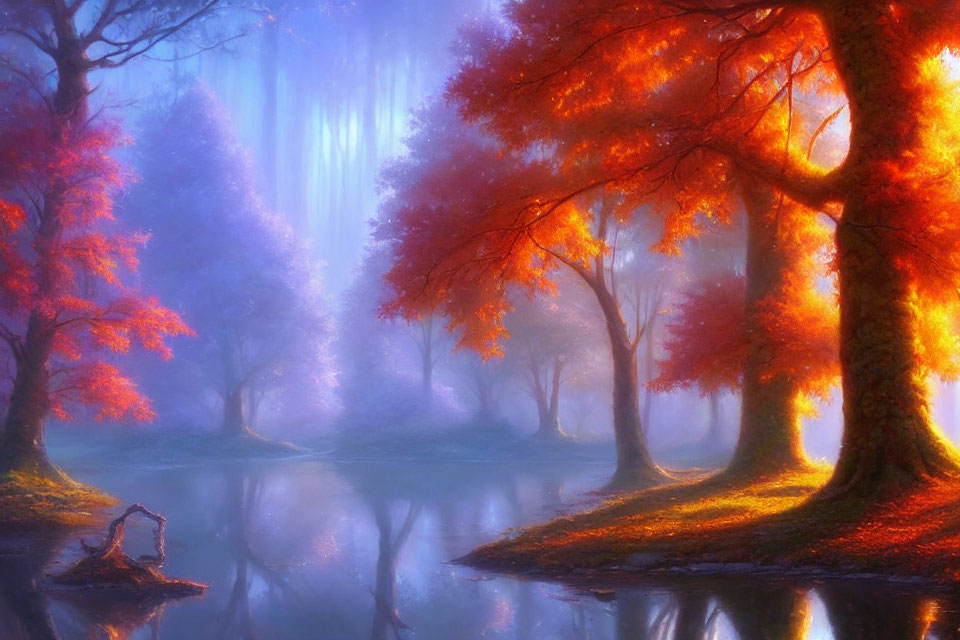 Tranquil autumn forest with vibrant foliage and reflective pond