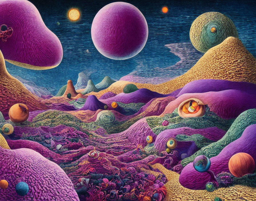 Vibrant surreal landscape with orbs, moons, and rolling hills