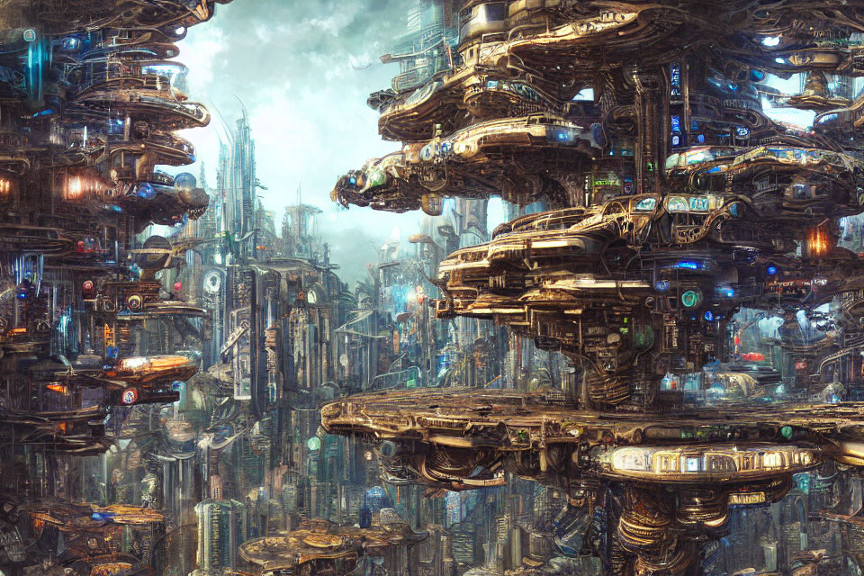 Futuristic cityscape with towering layered structures and advanced machinery at dusk