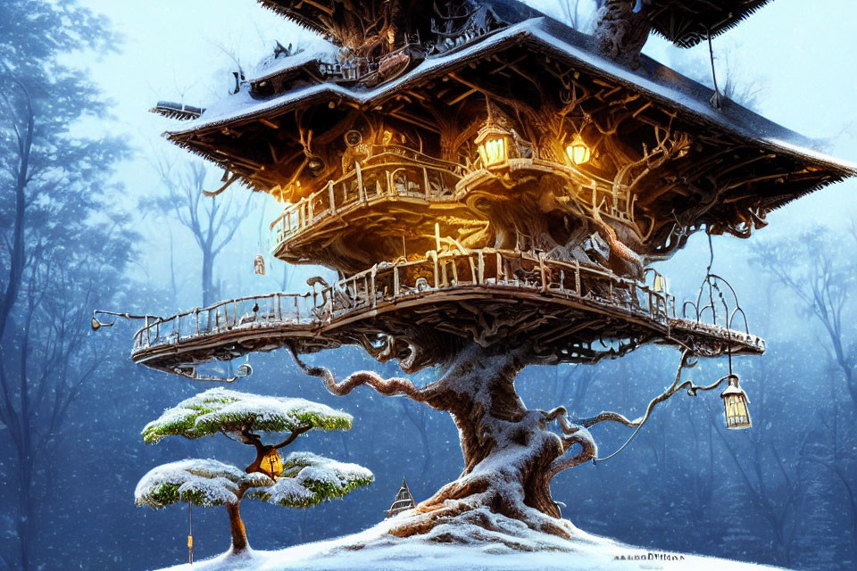 Multi-level treehouse with lanterns in snow-covered forest at twilight