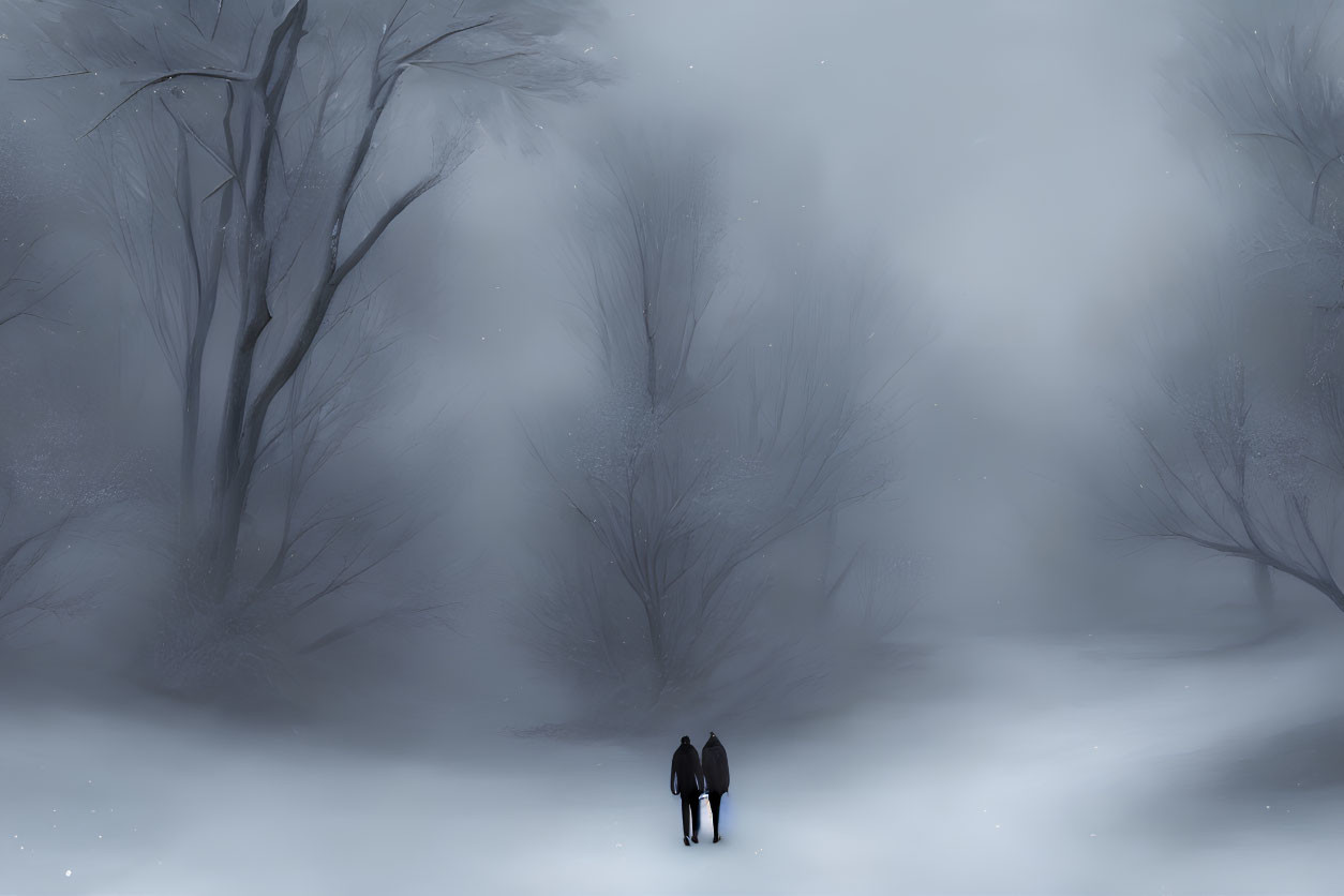 Couple Holding Hands in Snowy Forest with Bare Trees