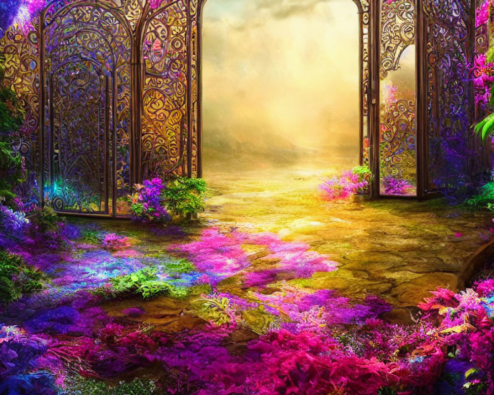 Ornate open gate in mystical garden with vibrant flora