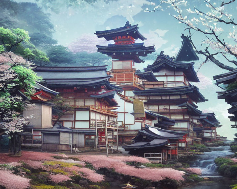 Japanese Pagoda and Cherry Blossoms with Shrine and Misty Mountains