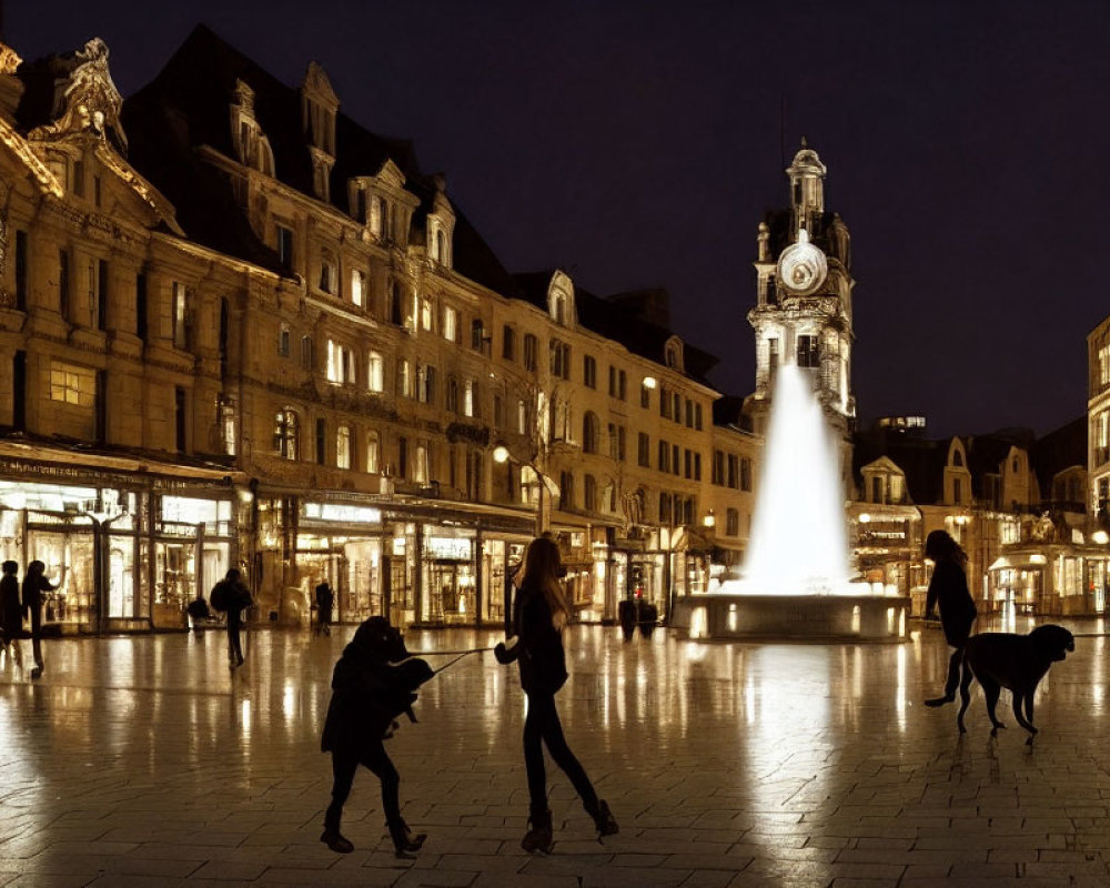 Cityscape with pedestrian activity, dog, lit buildings, and central fountain at dusk