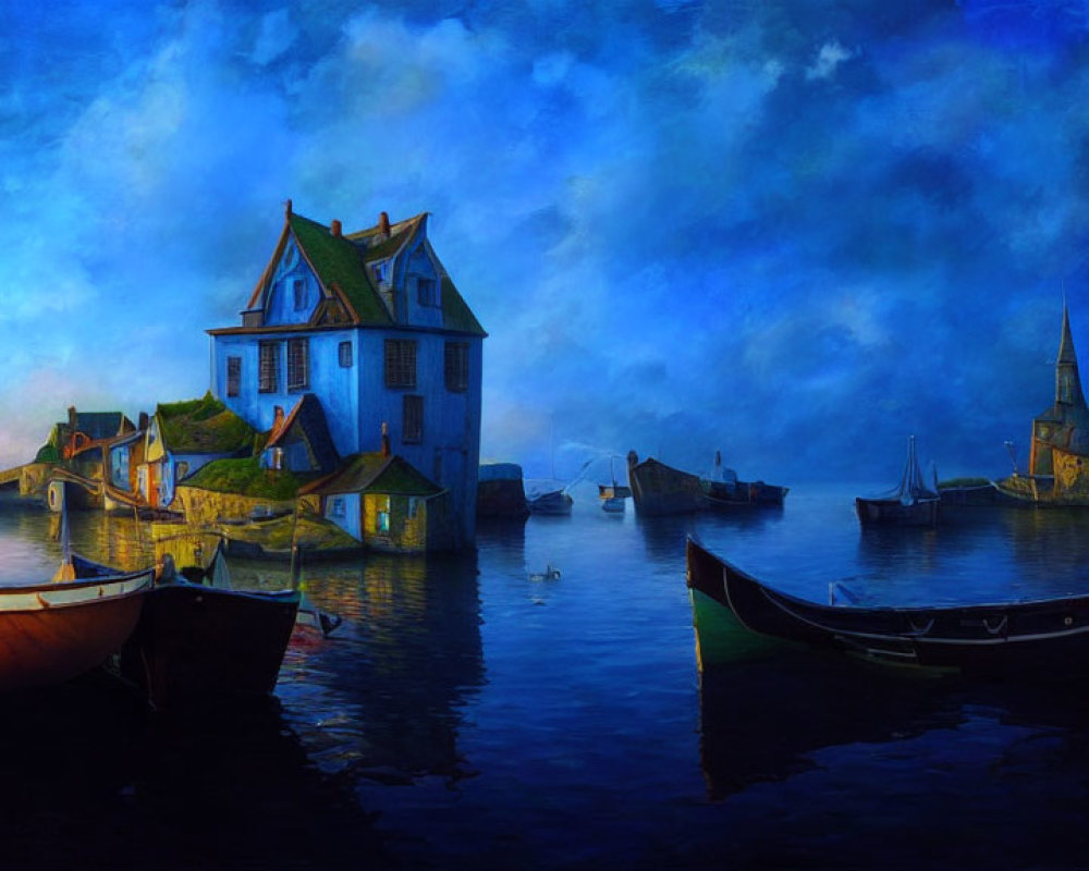 Surreal painting of moonlit village on water