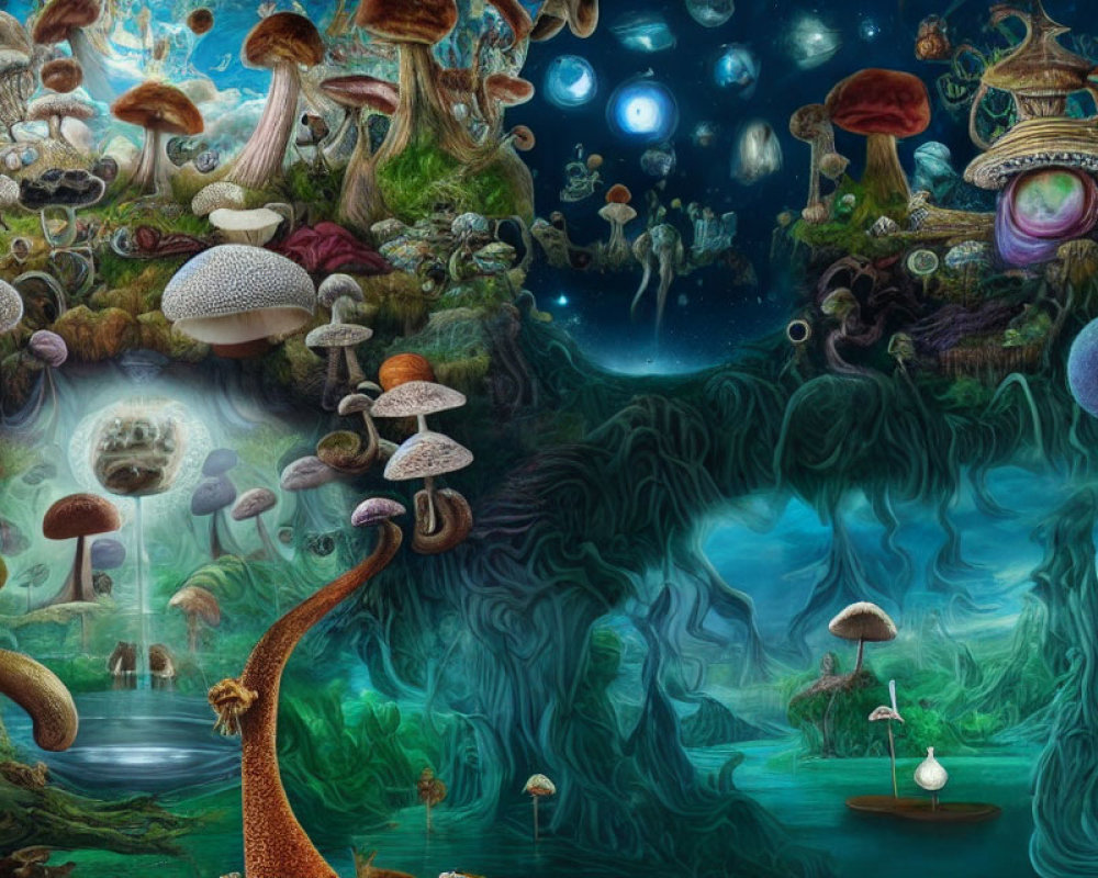 Surreal fantasy landscape with glowing mushrooms and ethereal creatures