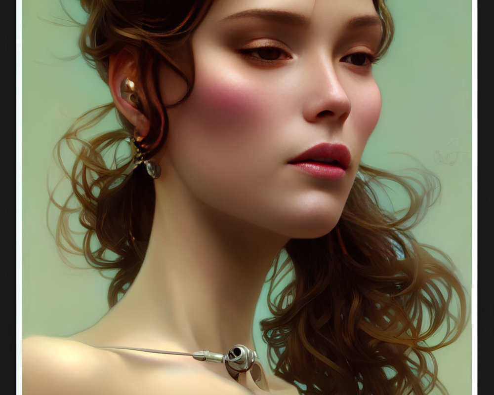 Curly Brown-Haired Woman with Rosy Cheeks and Silver Jewelry