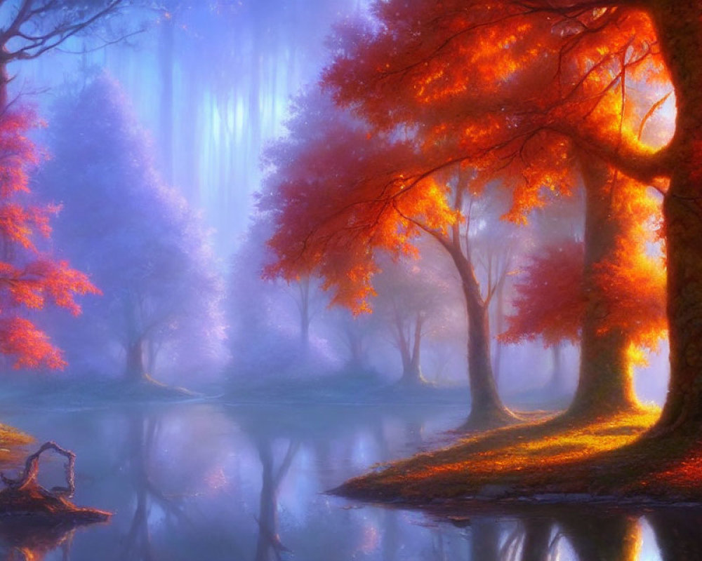 Tranquil autumn forest with vibrant foliage and reflective pond