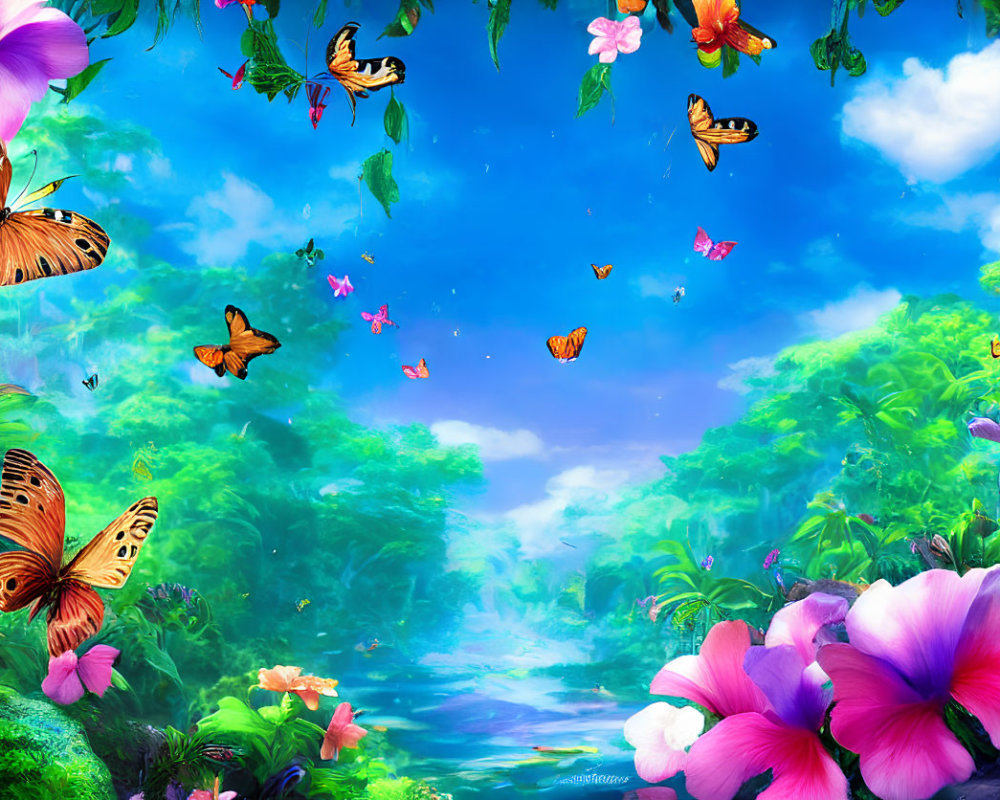 Colorful digital art: lush, fantastical forest with flowers and butterflies