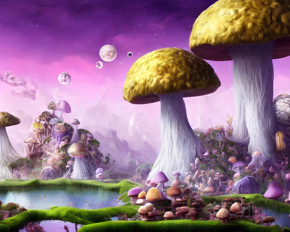 Fantasy landscape with oversized mushrooms, floating islands, and starry sky