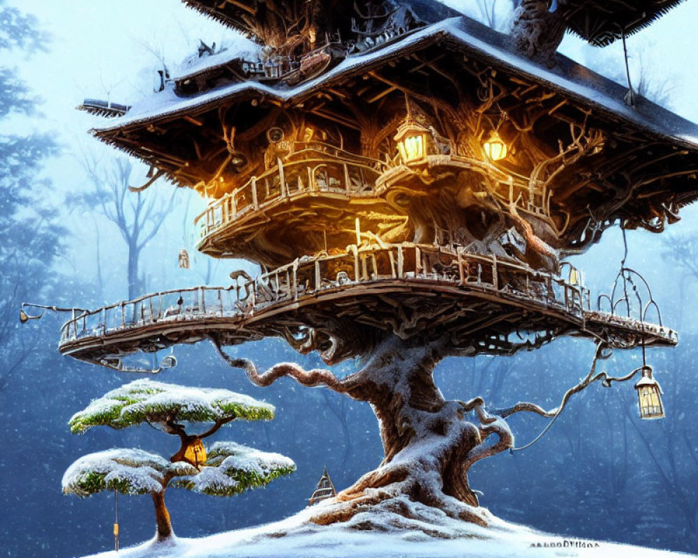 Multi-level treehouse with lanterns in snow-covered forest at twilight