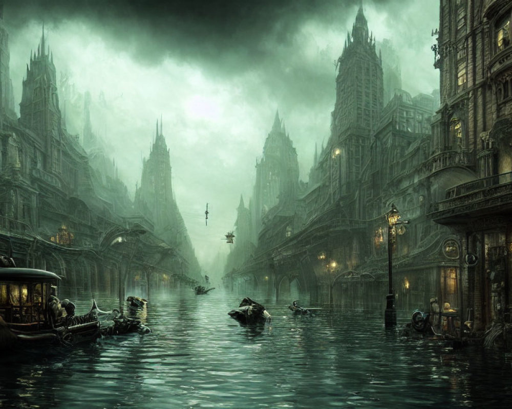 Misty Gothic cityscape with Victorian buildings and boats on canal