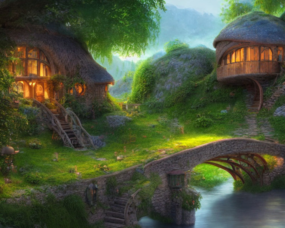 Tranquil twilight landscape with thatched cottages, stone bridge, serene stream, lush greenery