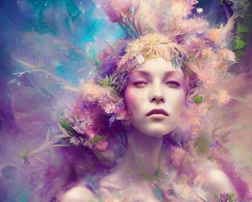 Surreal portrait with pastel flowers and cosmic background