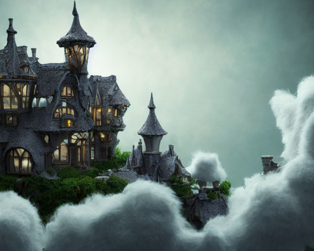 Fantastical illuminated mansion on cliff enveloped by clouds