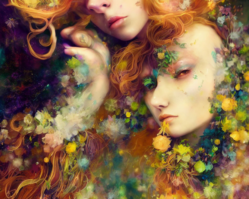 Ethereal figures with floral adornments in vibrant cosmic background