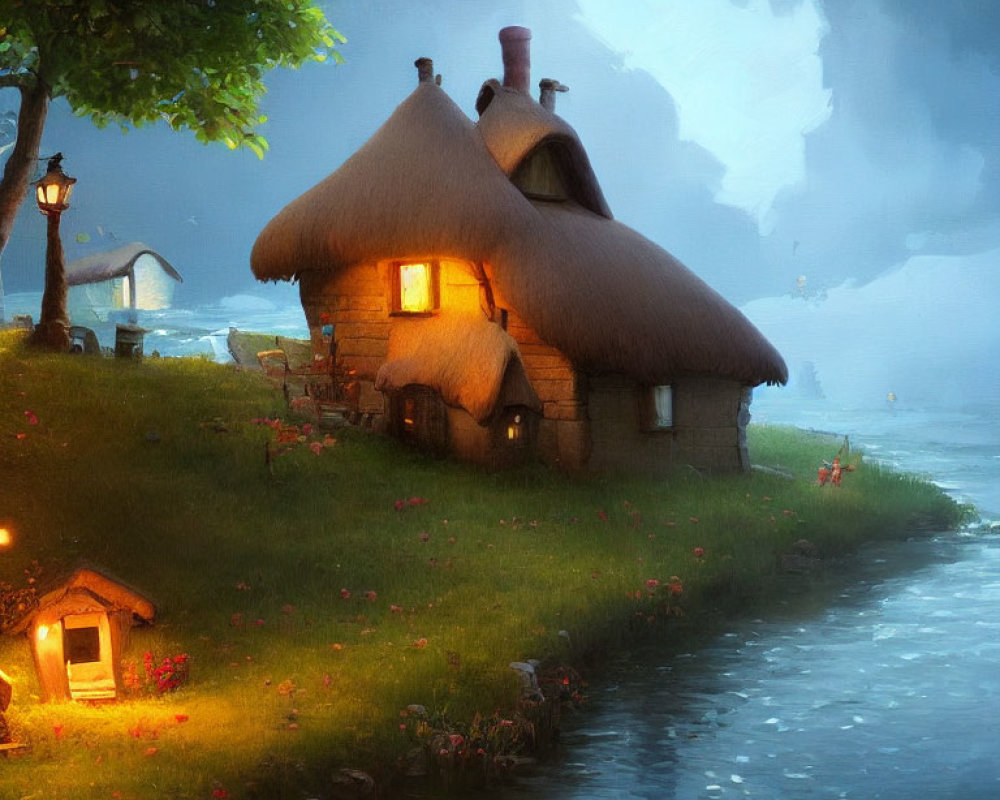 Thatched-Roof Cottage by Serene River at Dusk