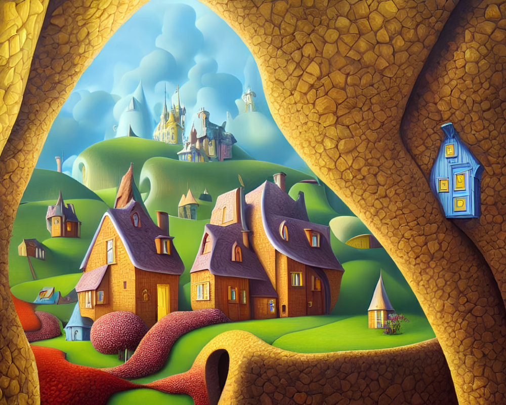 Whimsical Village Landscape with Rolling Hills and Castles