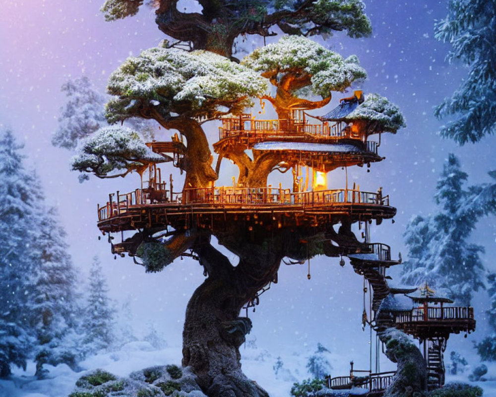 Enchanting treehouse with warm lights in snowy twilight