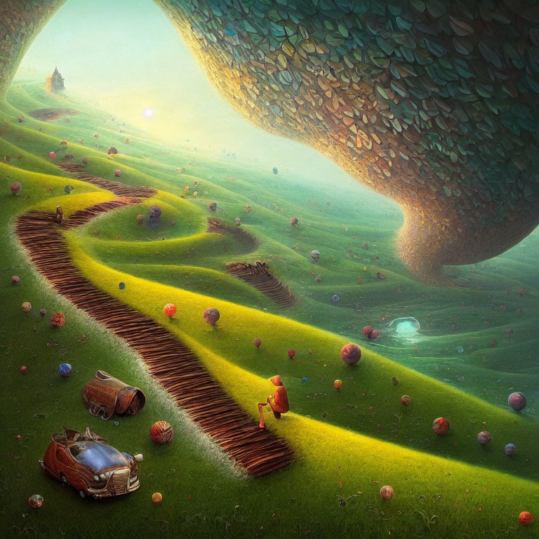 Colorful landscape with twisted tree, rolling hills, pathway, cars, and orbs in sunset glow