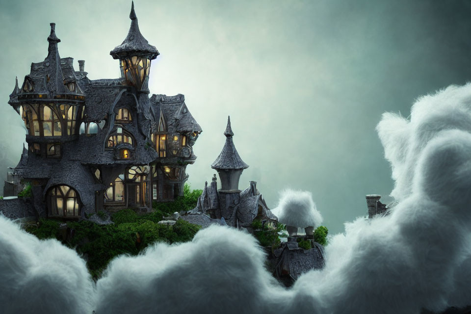 Fantastical illuminated mansion on cliff enveloped by clouds