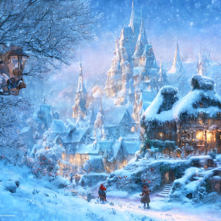 Snow-covered cottages, castle, glowing lights, and people in magical winter scene