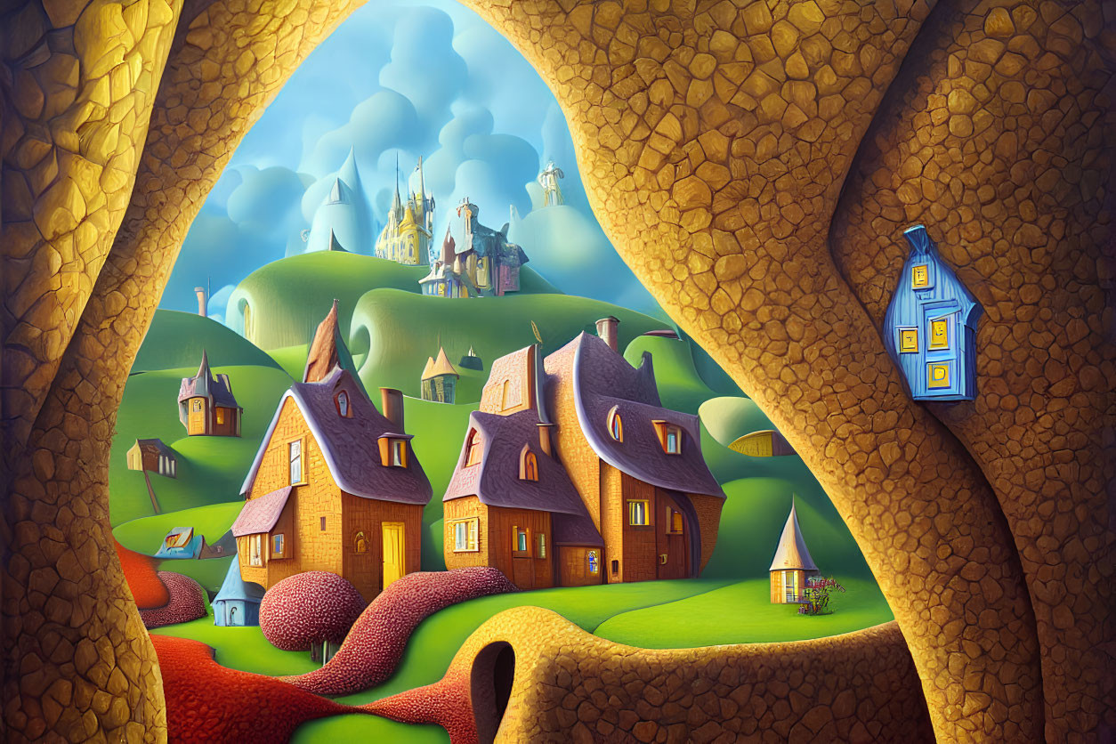 Whimsical Village Landscape with Rolling Hills and Castles