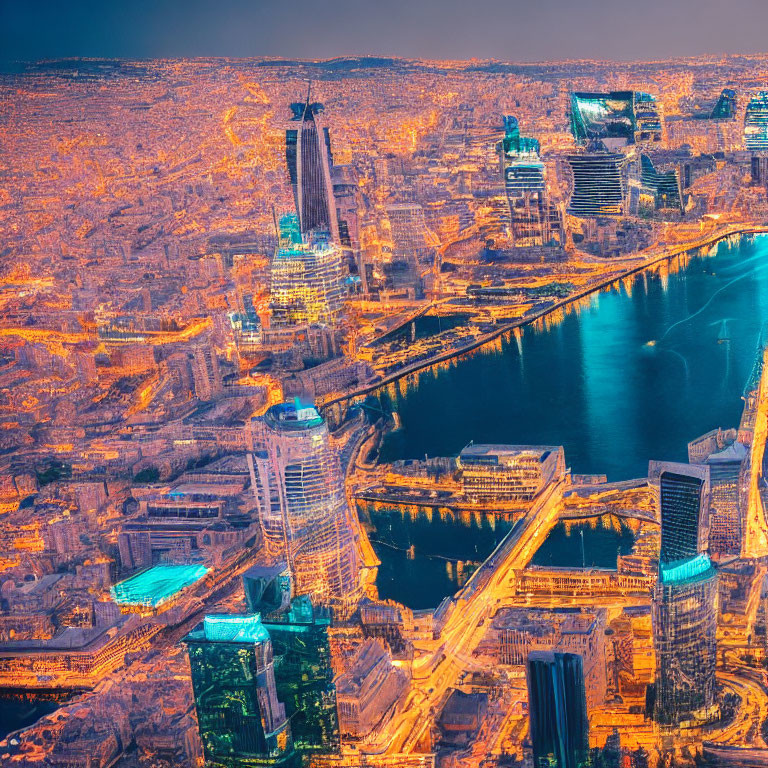 Vibrant cityscape at dusk with dense buildings, bustling streets, and illuminated river.