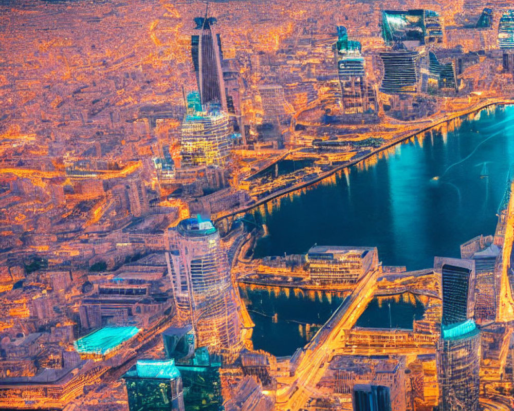 Vibrant cityscape at dusk with dense buildings, bustling streets, and illuminated river.