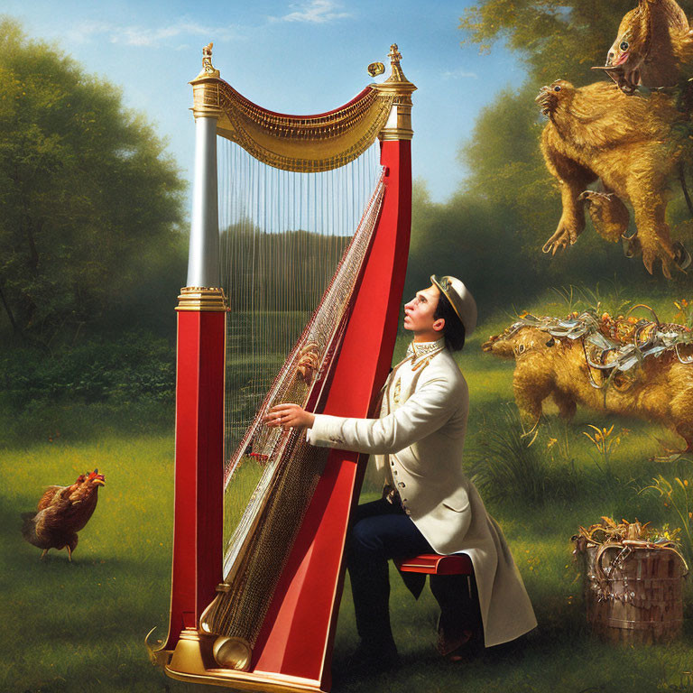 Person in white uniform plays large red harp in pastoral scene with fantastical creatures including winged lion