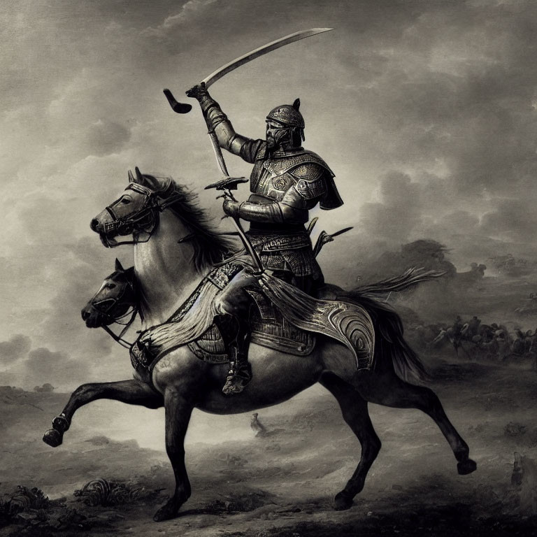 Monochromatic illustration of armored knight on horseback in battle