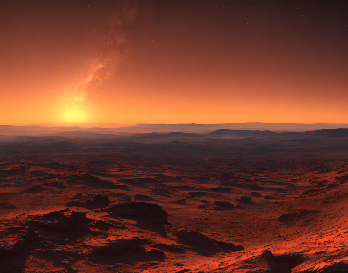 Red-hued Martian landscape at sunset with rocky terrain and starry sky