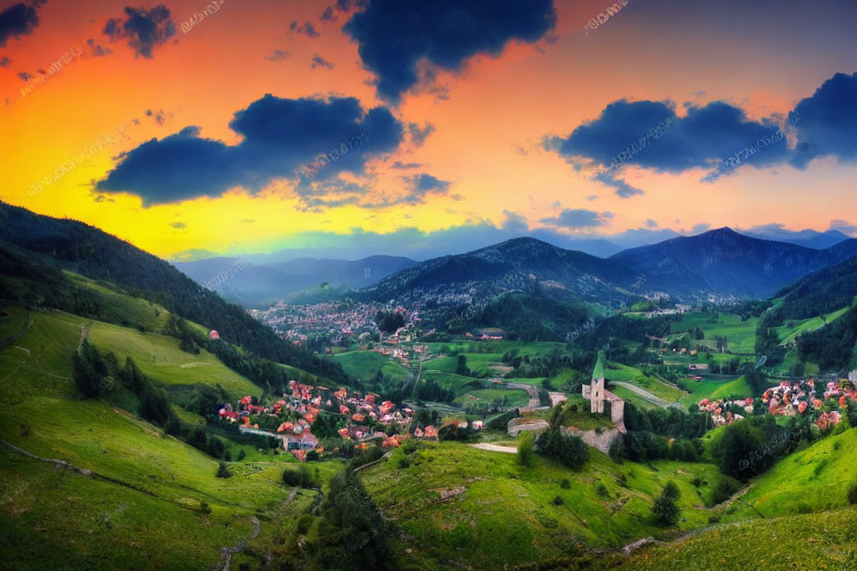 Panoramic View of Lush Valley Village at Dusk