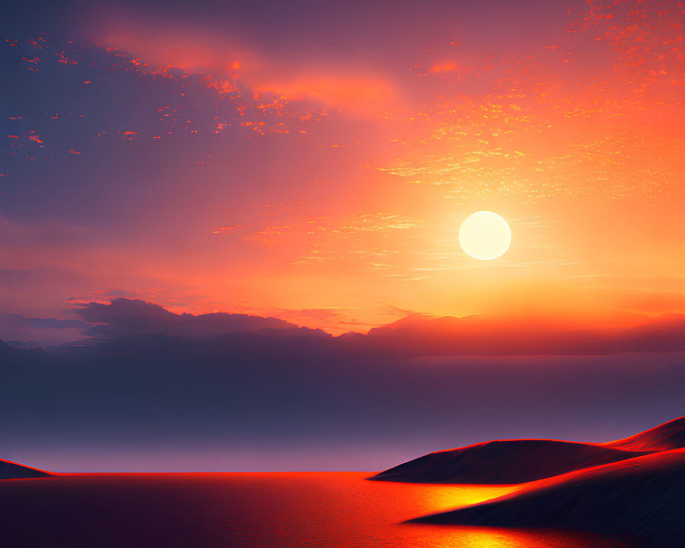 Scenic sunset with large sun over tranquil sea and fiery sky