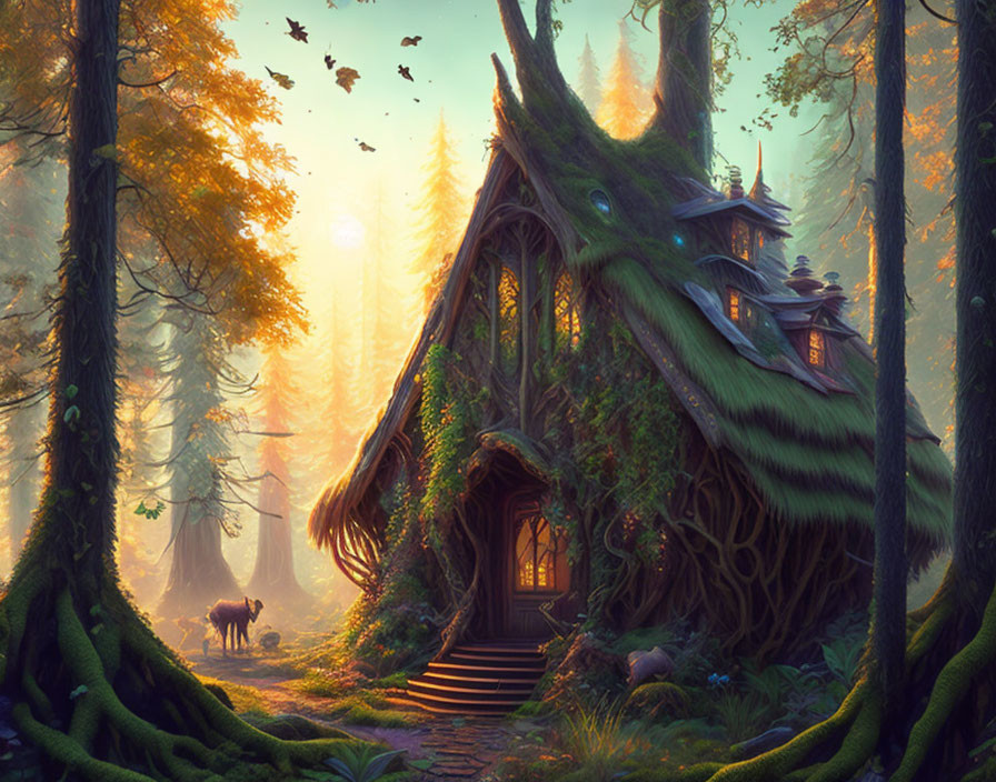 Whimsical treehouse in enchanted forest with deer, butterflies, and sunbeams